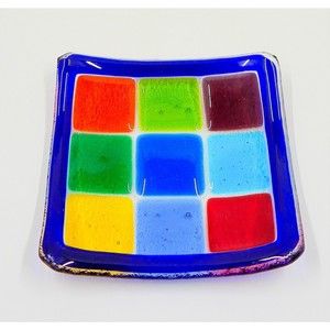 Art Glass Fused Square Trinket Candy Dish Ashtray Multicolored